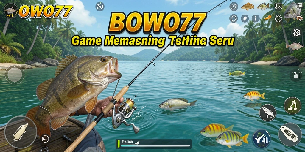 Tampilan gameplay BOWO77 yang menggembirakan dengan suasana memancing.