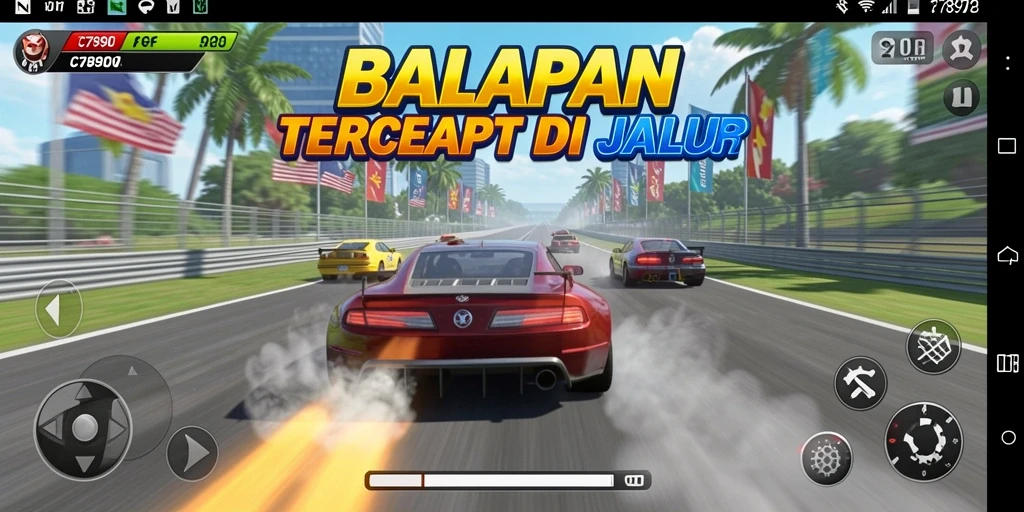Screenshot gameplay C7890 yang memukau saat balapan di lintasan.
